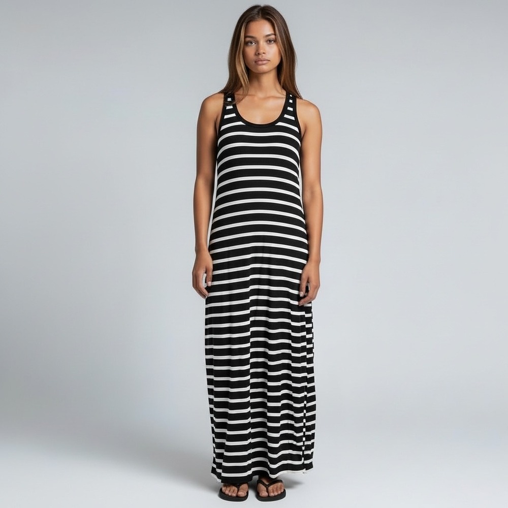 J.Crew | Striped Maxi Dress S Black White‎ Racerback Modal Knit C5266 Beach